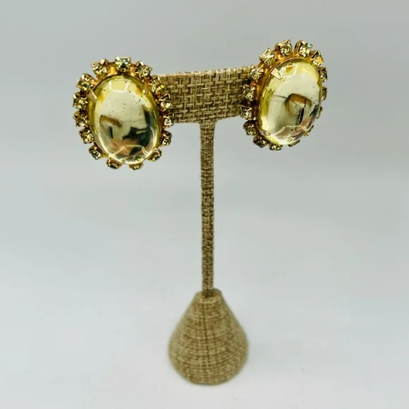 Vintage clip on earrings lemon yellow oval rhinestones - Picture 5 of 11